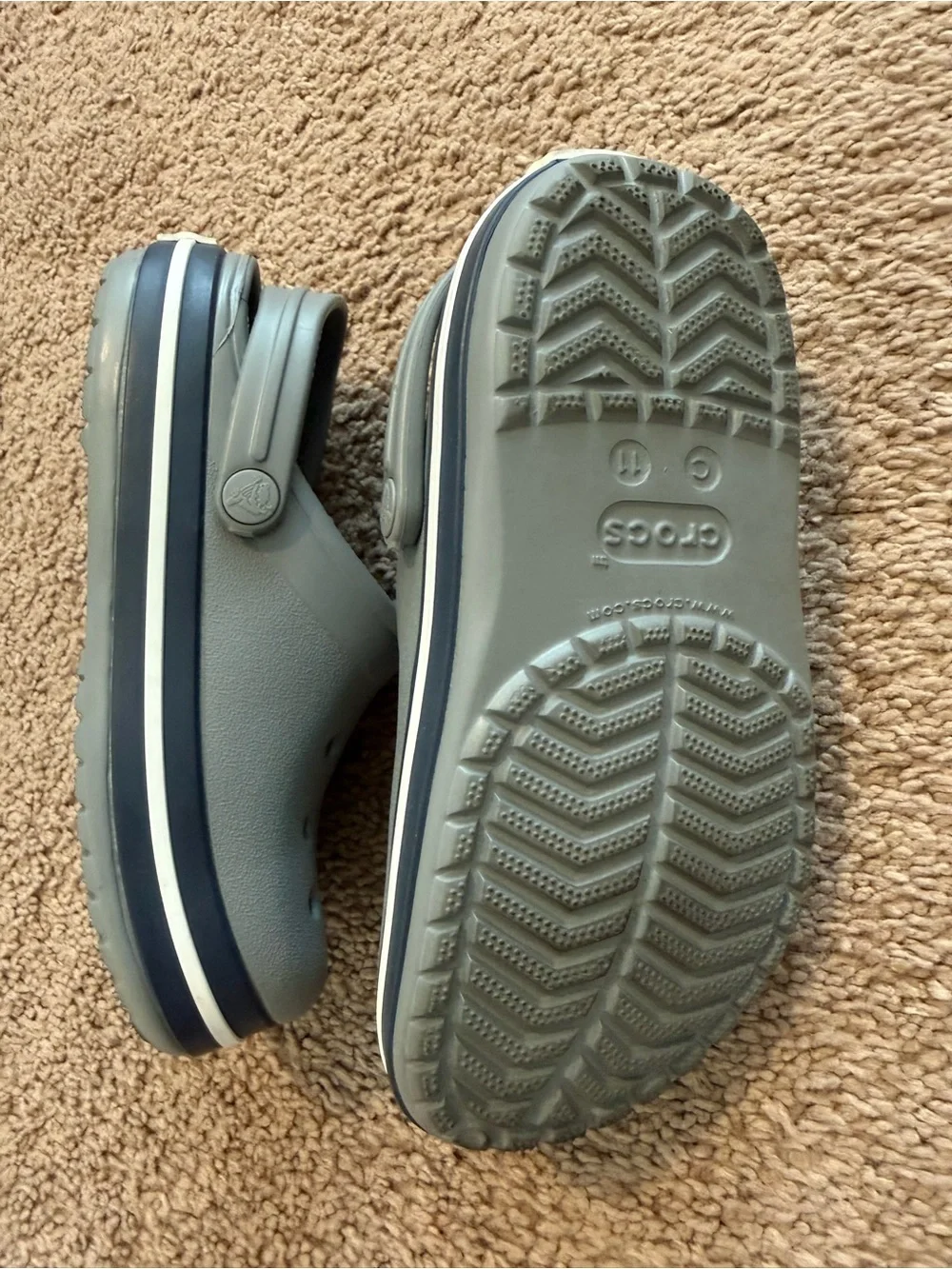 Kids Gray Crocs with Navy and White Stripes